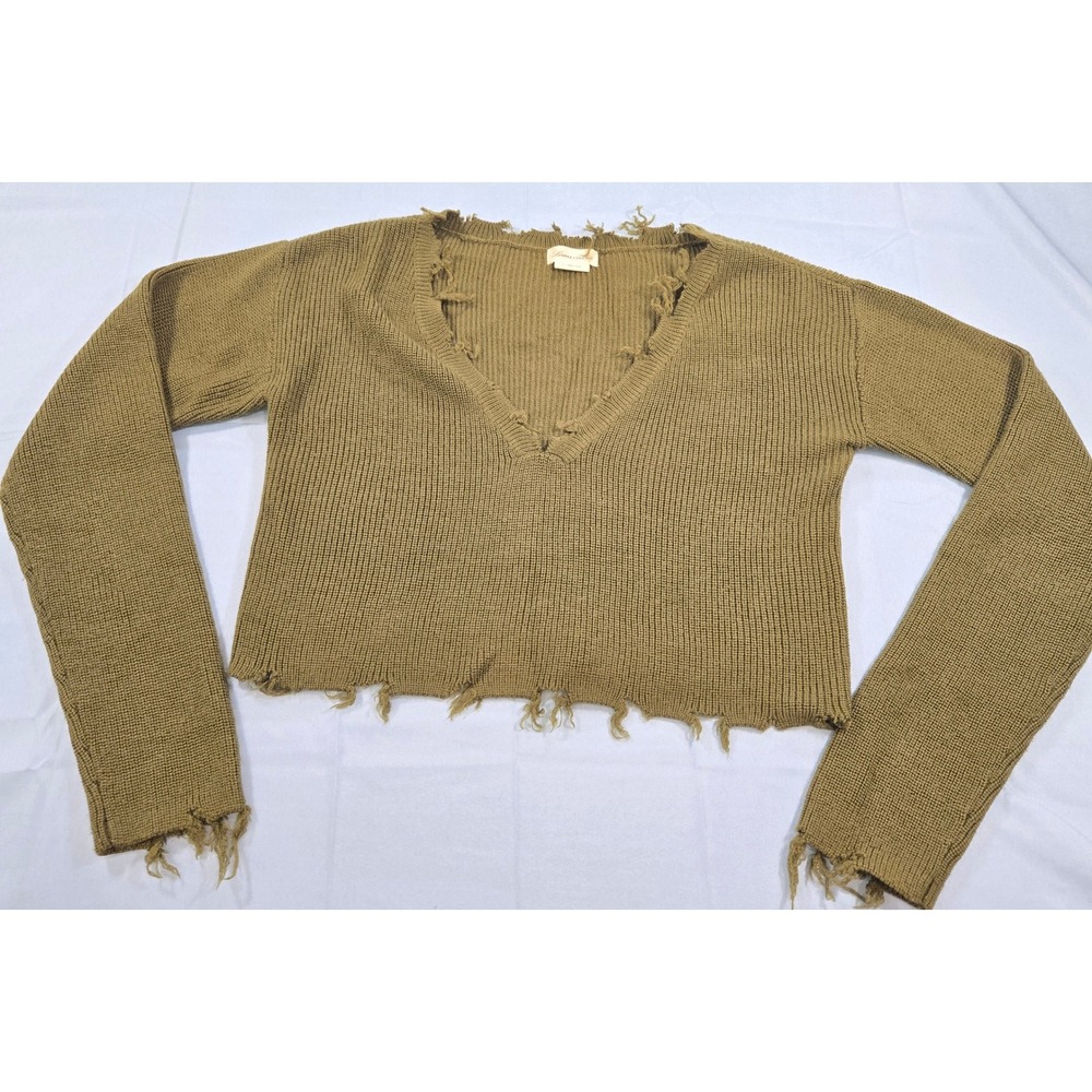 Lovers + Friends Womens Distressed Cropped Sweater Olive Green Wool Blend Small